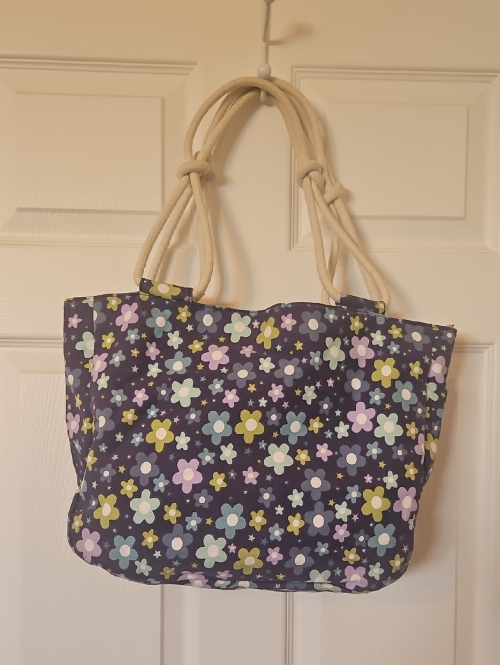 Floral Canvas Tote with Cream Rope Handles